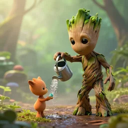 photorealistic shot of Groot watering a tiny Audry II from little shop of horror with a watering can, octane render, unreal engine 4k, volumetric light, fog, detailed,
