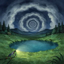 walking near a pond, nightly, spiral, naive nerikomi, weird perspective, extra narrow, detailed illustration, lit by flashlight, scenic spiral environment by rhads from lorax movie, trending artstation, true color, fisheye, grass field mountainous terrain, spiral clouds