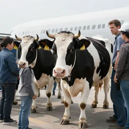 realistic photo of genetically enhanced dairy cows with human intelligence and awareness boarding an airliner just like the people do.