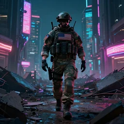 Futuristic matte painting of a US soldier walking through a destroyed area in Hong Kong, WW3, Cyberpunk, Night, Neon, volumetric light scattering, highly detailed, digital art, Andreas Rocha, Greg Rutkowski, Darek Zabrocki, ArtStation, CGSociety, Unreal Engine, 4K, 8K