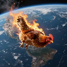 a chicken flying through space burning hitting earth's atmosphere, photograph from space, planet earth extinction event