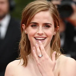 A photo of laugh emma watson show wedding ring on his fingers. 50 mm. perfect ring. award winning photography