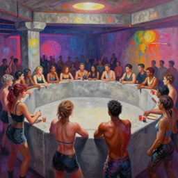 palette knife oil painting of a crowd of clubbers surrounding a cement fight pit in a room with psychedelically lit exposed concrete walls., extreme detail, artstation trending, artgerm, any racial background, deviant art, octane, substance, art history 8 k