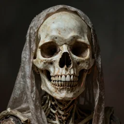 Skull of woman covered in bony Bone cloth with open eyes, , creepy, macabre, Realistic, award winning artwork, trending on artstation, high quality printing, fine art with subtle redshift rendering