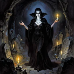 carmilla vampire, gothic horror, by frank frazetta, candlelit catacombs