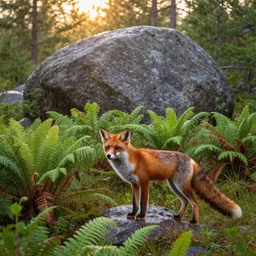 a red fox in a northwestern boreal forest with lush ferns after a rain shower, golden hour, sunlight, huge, boulders, award winning nature photograph
