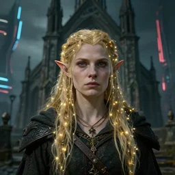 an ultra realistic, cinematic, fantasy, portrait, of an elden ring elf, fairy lights, facial features, stood outside an abandoned church, with futuristic buildings and neon signs, detailed, deep focus, movie still, dramatic lighting, ray tracing, by michal karcz and yoshitaka amano