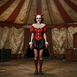 of a cinematic film still of a female clown demon standing inside a vintage worn circus tent