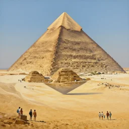 a beautiful painting of a large pyramid floating above a vast desert with people gathered underneath by moebius