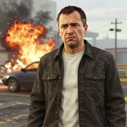 martin freeman in gta v, looking confused, a car exploding in the background. unreal engine 4 render 4 k