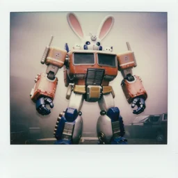 epic pose!!! giant oversized battle rabbit robot chubby mech transformers retro boombox delorean fusion with mecha robot double decker with giant oversized ears and rabbit babies, in tokio, full body, cinematic focus, polaroid photo, vintage, neutral dull colors, soft lights, foggy mist, by oleg oprisco, by thomas peschak, by discovery channel, by victor enrich, by gregory crewdson