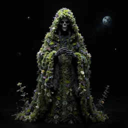 The Grimm reaper made out of flowers, black background, fantasy portrait by Esao Andrews and Lisa Frank, cosmic horror concept art, 4k HD, trending on ArtStation, SFW