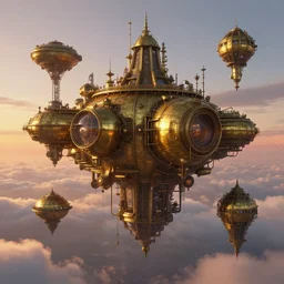 Giant, floating steampunk brass habitats above a sunset cloudscape, by greg rutkowsky, trending on artstation