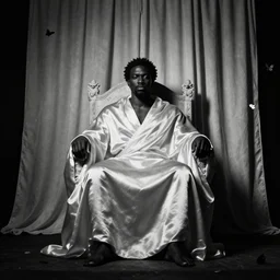 Large black man sitting on throne wrapped in silk, background made of large folding curtains, black and white color, dimly lit, butterfly lighting, dark, style of carrivagio