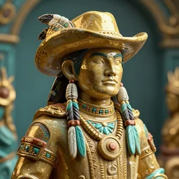 pfp portrait ceramic gunslingers cyberpunk native american in tribal regalia, an idea seep's into infinity highly detailed in volumetric latent space, golden turquoise, cinematic light, sharp focus, divine realm of gods, octane render,