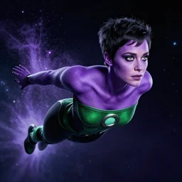 photos of beautiful actress Brianna Hildebrand with Purple colored skin makeup as the purple skinned Green Lantern soranik natu as she soars thru outer space, Brianna Hildebrand, photogenic, purple skin, short black pixie like hair, particle effects, photography, studio lighting, cinematic
