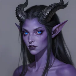 a portrait of a tiefling with purple skin and black hair, black horns, blue eyes, stunning digital painting trending on artstation