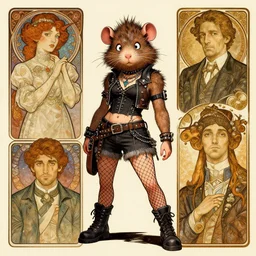female anthropomorphic mole rat character in a punk rock outfit, fishnets. Renowned character illustration by greg rutkowski, thomas kindkade, alphonse mucha, loish, norman rockwell. Trending on artstation.