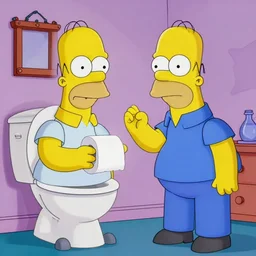 homer simpson complaining to barney rubble!!!! about toilet paper, by matt groening, the simpsons, the flinstones, volumetric lighting, 4 k