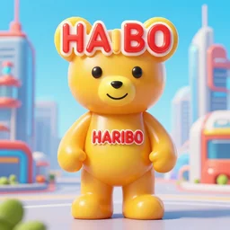 portrait of haribo bear in future city, color and shape foc