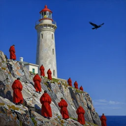 worshippers in red robes belonging to the cult of the lighthouse climbing up the rocky cliff where the lighthouse stands, lighthouse, ravens, high detailed beksinski painting, part by adrian ghenie and gerhard richter. art by takato yamamoto. masterpiece, deep colours, blue