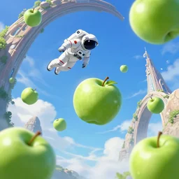 a few green apples falling in the blue sky, a magical arch building and a headless astronaut flying in the background, anime style, wow