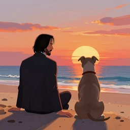concept art by jama jurabaev, cel shaded, cinematic shot, trending on artstation, high quality, brush stroke, hyperspace, vibrant colors, john wick and grey pitbull sit on the sand at a beach and look into the sunset