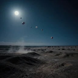 a dreamlike photo of small blobs of interdimensional fractal creatures falling from the sky in the distance, on a dark moonlit night, a vast landscape with mysterious rugged contours, wild topography, dust particles, natural lighting, natural color palette, awe inspiring, wide angle, cinematographic, subtle lens flare