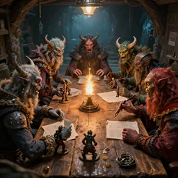 a group of fantasy monsters in a basement playing D&D