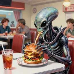 alien xenomorph eating a cheeseburger, at a 5 0 s diner, painted by norman rockwell, greg rutkowski, john howe, wlop, artgerm