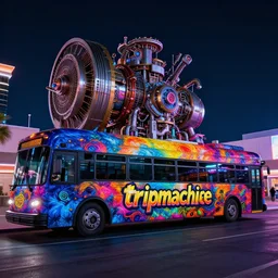photo of a futuristic nightliner bus outside in las vegas at night, custom airbrush paintjob, band name on the bus is tripmachine, realistic digital art, textured with a 3 d render of a huge futuristic steampunk generator, 8 k, fluorescent colors, halluzinogenic, multicolored, exaggerated detailed, unreal engine
