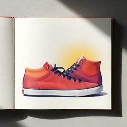 flatlay book and sneakers, vivid colors, dramatic lighting