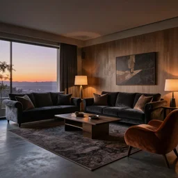 a tastefully decorated living room with dark luxurious furnishings, and a mix of antique and modern furniture, and a mix of concrete and wood finishes, dark dreamy sunset lighting