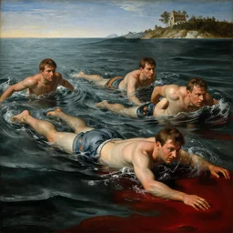 painting of a russian soldiers swimming in an ocean of blood. Rennaissance. Extremely detailed. 8k —H 704 —W 704 —C 15.0 —n 6 —i —s 150