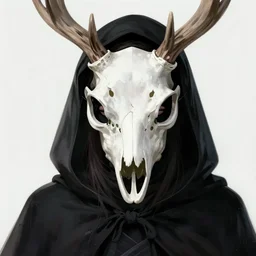 portrait of a character wearing a black cloak, with a white mask in the shape of a deer skull, the mask covers her entire face, dramatic lighting, illustration by Greg rutkowski, yoji shinkawa, 4k, digital art, concept art, trending on artstation