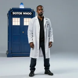 kanye west as the doctor in doctor who movie still, cinematic lighting, ray tracing, octane render, long lens, shallow depth of field, bokeh, anamorphic lens flare, 8 k, hyper detailed, 3 5 mm film grain