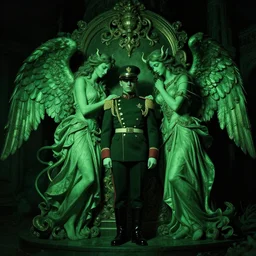 soldier and angel met at night time, filmic, dramatic, night vision, wide angle, vignette, only green color, 4 k, 8 k, sad, devil, cinematic lighting, insanely detailed and intricate, hypermaximalist, elegant, ornate, hyper realistic, super detailed