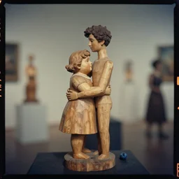 kodak portra 4 0 0, wetplate, muted colours, blueberry, 1 9 3 0 s style, award winning portrait of wooden skulptur of cute fat girl hugs skinny guy in a vernissage, haze, motion blur, in the style of britt marling and by georges melies