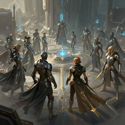 a digital matte illustration concept art of the nexus high council by Artstation, sci-fi, fantasy, highly detailed, atmospheric, 4k post-processing, smooth, grain, dynamic composition, dynamic angle, epic scale, dramatic lighting