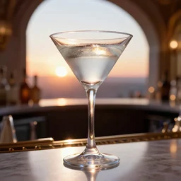 a brilliantly lit martini glass backlit at sunset, uplight, fantasy deco bar, neon, opulent, white ivory, prismatic light, the master, phantom thread, photo realism, high resolution, anamorphic - lens, kodak - 5 0 0 t, panavision - primo - 1 7. 5 mm, paul thomas anderson, roger deakins