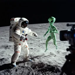 apollo 11 footage of the spacemen fighting a green humanoid alien running away from them on the moon, it is filmed by a shaky camera.
