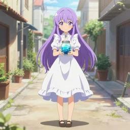 full body onee - sama anime waifu with lavender hair white ruffly dress, holding jarred ocean. spanish ghibli alleyway. symmetrical face. symmetrical detailed defined eyes. isekai background style.