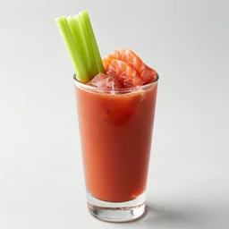 high quality food photography, salmon bloody mary, sashimi, raw, celery stick, garnished glass