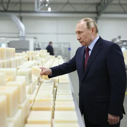 vladimir putin inspecting the quality of soap in a soap factory