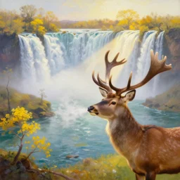 the most beautiful panoramic landscape, oil painting, where a giant dreamy waterfall creates a river, the trees around are starting to bloom in yellow colors, a majestic deer is in close - up and it is exhaling steam, the ray lights of the sunrise are brightening him, by greg rutkowski