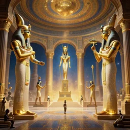 Egyptian mythology, by Rolf Armstrong and Evelyn De Morgan and Bastien Lecouffe-Deharme, dramatic lighting, high contrast colors, baroque, empyrean, panoramic view, as trending on Artstation, highly detailed, doom engine,