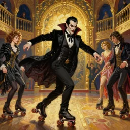 dynamic composition, a painting of dracula the vampire skating on roller skates in a medieval roller rink, a surrealist painting by tom bagshaw and jacek yerga and tamara de lempicka and jesse king, featured on cgsociety, pop surrealism, surrealist, dramatic lighting, wiccan, pre - raphaelite, ornate gilded details