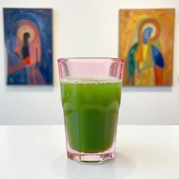 pink glass with green juice, art atation