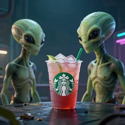 aliens drinking starbucks cyberpunk style