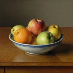 a bowl of fruit on top of a wooden table, by andrew wyeth